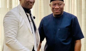 Billionaire Prophet Jeremiah Fufeyin in closed door meeting with Former Nigerian President, Dr Goodluck Jonathan, GCON as the discuss national issues in Bayelsa
